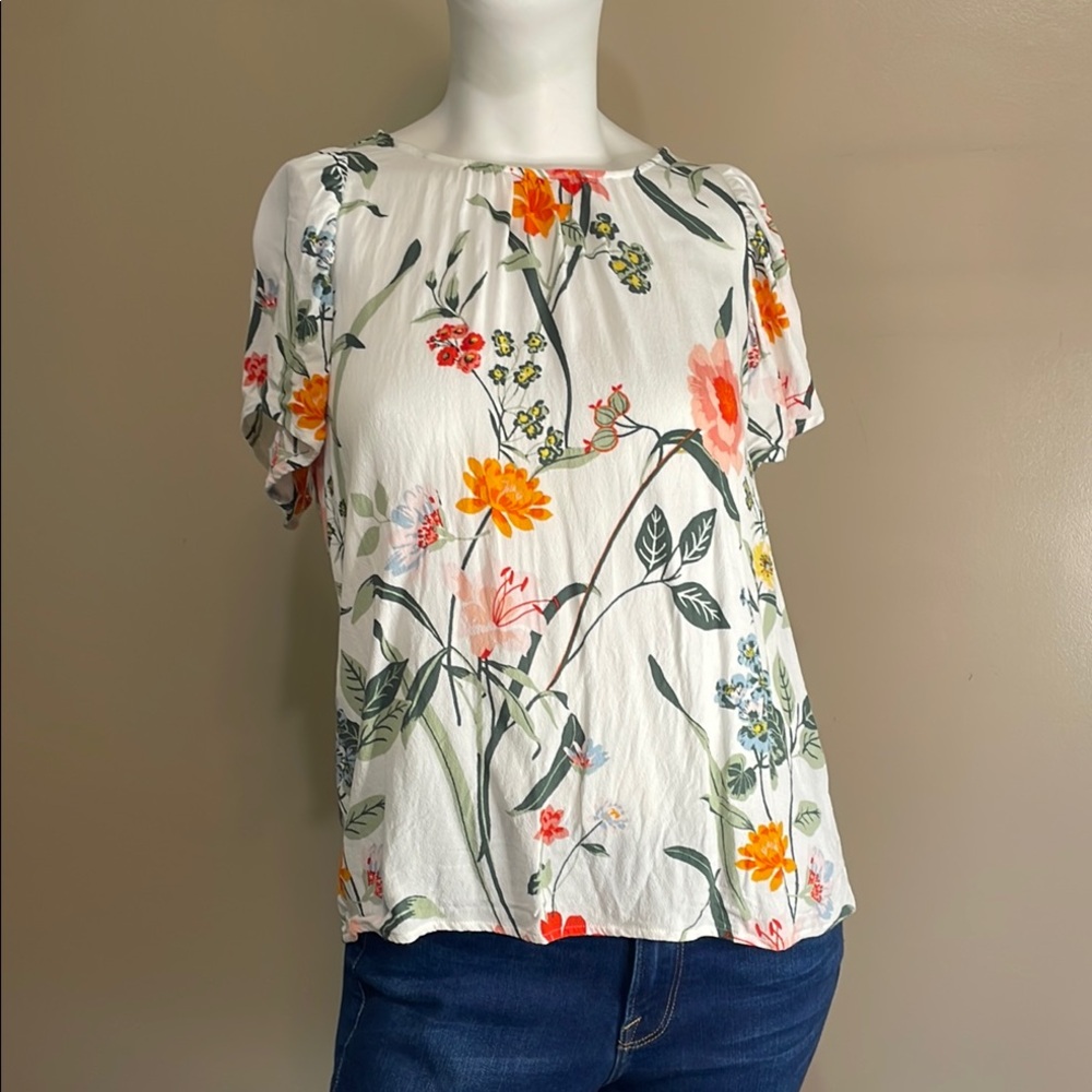 LOFT Orange Floral Blouse Short Sleeve Relaxed Fit